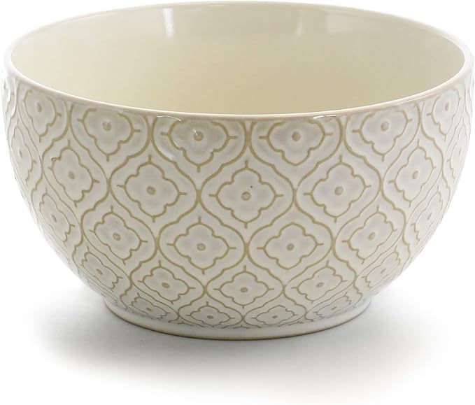 16 Piece Stoneware Dinnerware Set – Off-White Ogee Pattern Microwave &amp Dishwasher Safe Plates Bowls and Mugs