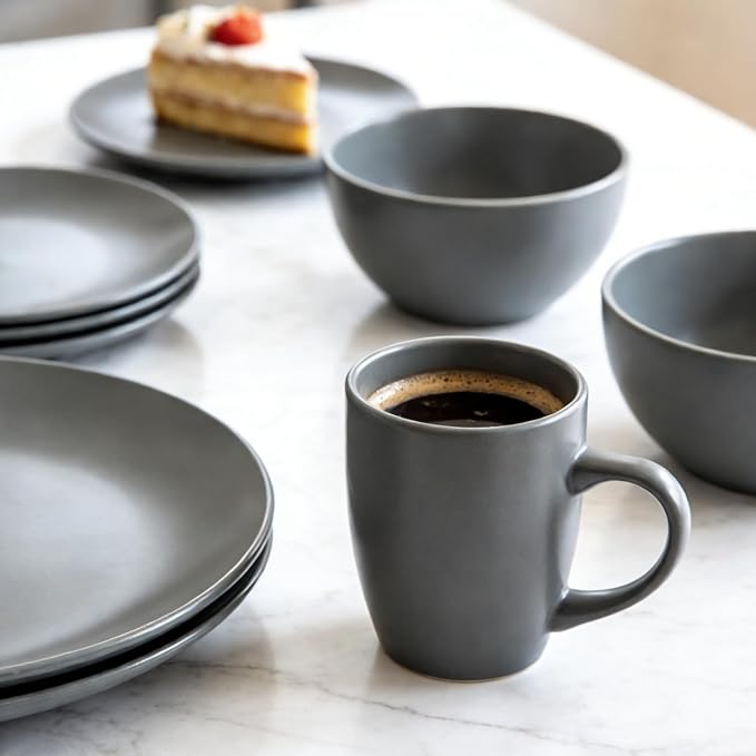 wocaxc16-Pieces Stoneware Dinnerware Set Kitchen Dinnerware Ceramic Crockery Set Dinner Service Set for 4 Include Dinner Plate Dessert Plate Cereal Bowl and Mug. (grey)