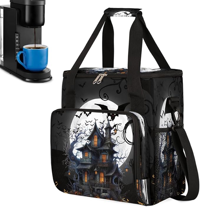 Halloween Bat Moon Castle Coffee Maker Carring Bag Travel Carrying Storage Tote Bag Compatible with Keurig K-Mini or K-Mini Plus Portable Single Serve Coffee Brewer Case with Pockets for K-cup Pods