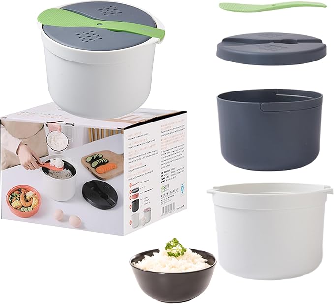 Microwave Rice Cooker Steamer Set: 2L Microwave Pasta Cooker with Rice Spoon Lid Strainer Non-stick Rice Cooker Steaming Pot for Rice Pasta Vegetables Quinoa Oatmeal Ramen (Green)