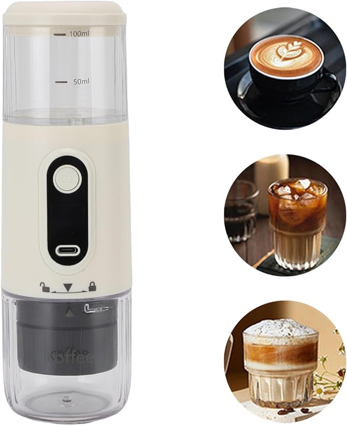 Portable Electric Espresso Machine Rechargeable Travel Coffee Maker Handheld Car Coffee Maker for Camping Hiking Office Powder and Capsules Compartment (Beige)