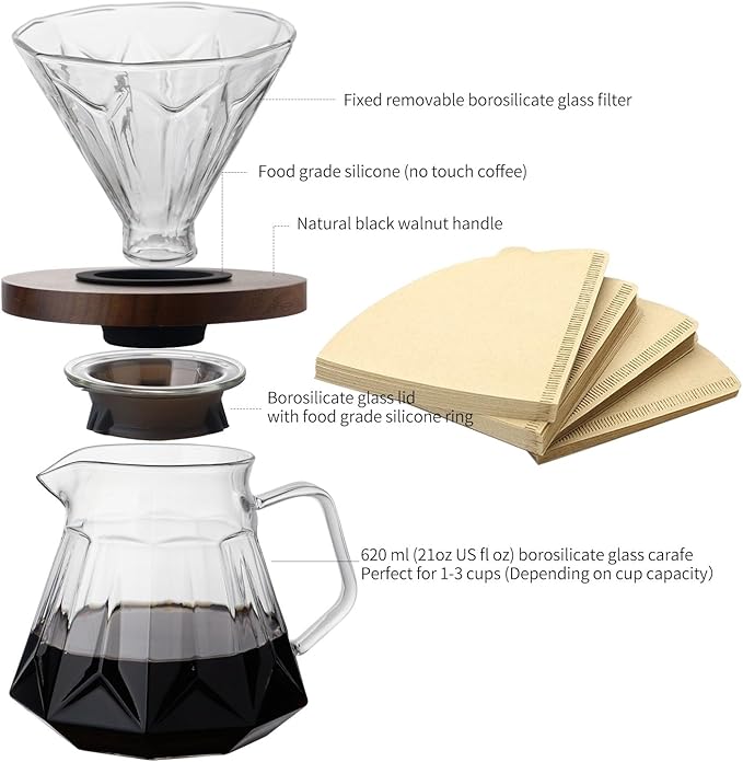 Pour Over Coffee Maker Set 21 oz/620ml Glass Pour Over Coffee Dripper Filter Coffee Maker Kit Manual Grinder with Walnut Handle for Home Office Cafe Restaurant Camping (Clear)