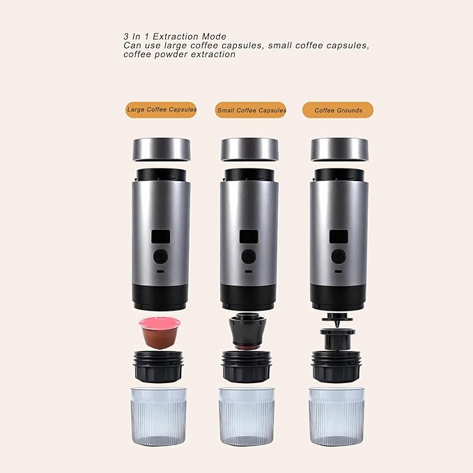 Ymiko Portable Coffee Maker 3 in 1 Design Fast Heating Digital Display Compact Coffee Maker for Travel Camping Office Stainless Steel ABS PC 24.3cm x 7.3cm