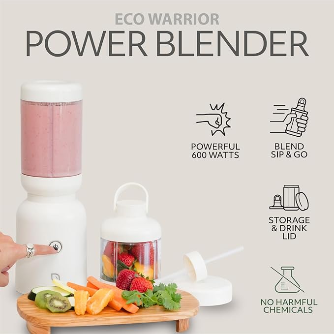 WILLOW Eco Series Warrior Blender Compact Personal Blender for Smoothies Shakes &amp Ice Crushing One-Button-Operation Smoothie Maker 600 Watt Base Includes 30 OZ Cup + To-Go Cup with 2 Lids