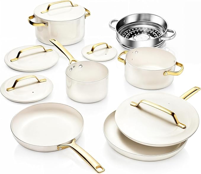 Gotham Steel Modern 11 Pc Ceramic Cookware Set Elegantly Designed Pots and Pans Set Non Stick with Steamer Induction Bottom Premium Stay Cool Handles Non Toxic PFOA Free Oven &amp Dishwasher Saf