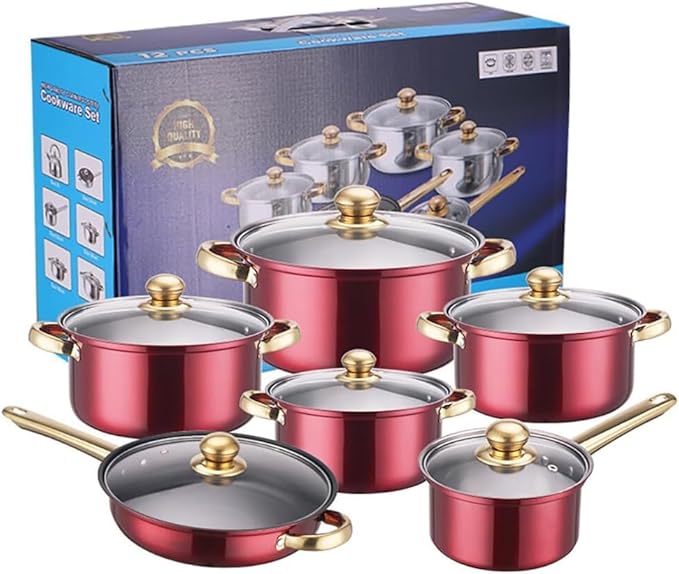 Stainless Heavy Steel Pots and Pans Set 12PCS Ktichen Stainless Steel Nonstick Cookware Set with Glass Lids Full Clad Cooking Set with Stay-Cool Handles Dishwasher Safe Compatible with All Stovetops E
