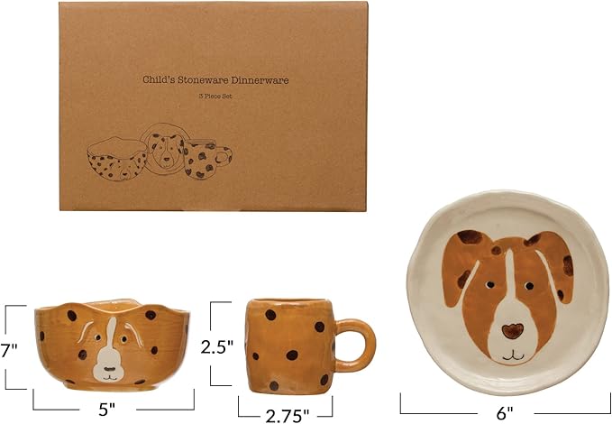 Child's Stoneware Dinnerware with Painted Dogs Boxed Set of 3 Pieces