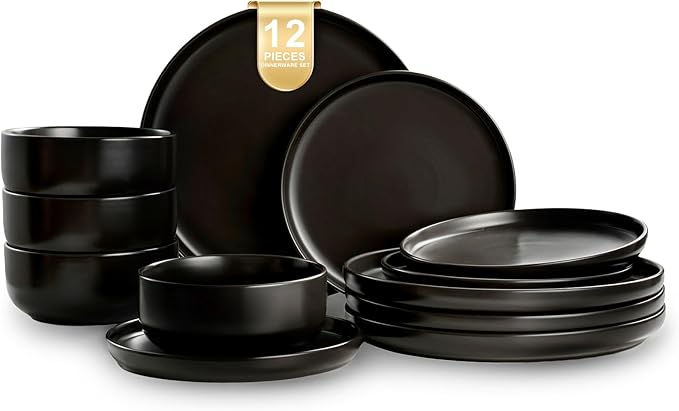 EWFEN Plates and Bowls Sets 12 Pieces Ceramic Dinnerware Set for 4 Stoneware Dishware Dishes Set Scratch Resistant Dishes Set Dishwasher &amp Microwave Safe Black