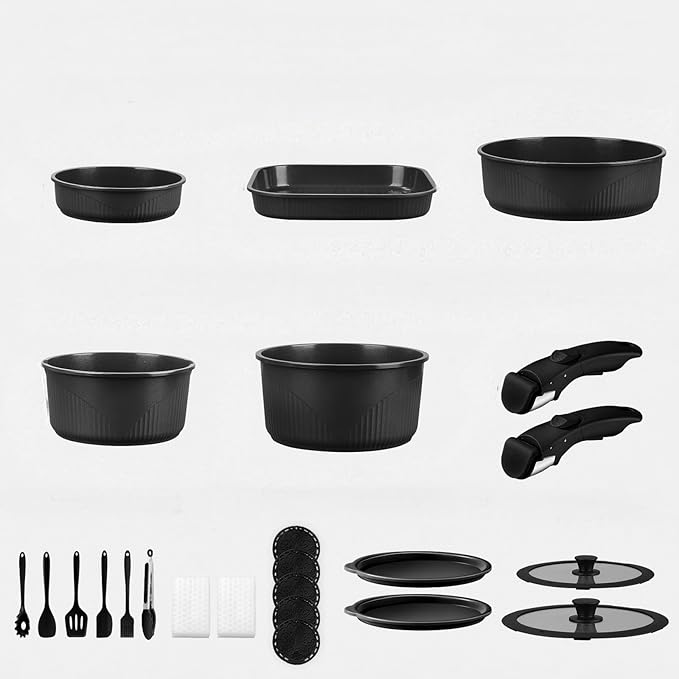 24-Piece Non-Stick Cookware Set with Stackable Storage Kitchen Collection Including 8-10 Inch Skillets Casserole Dish Removable Handle Utensils Silicone Mat Storage Lid (Black)