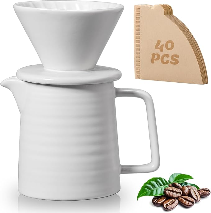 Pour Over Coffee Maker Set – Premium Ceramic Coffee Dripper with 500ml Capacity Manual Style Coffee Maker White – Ideal for Home Office and Travel