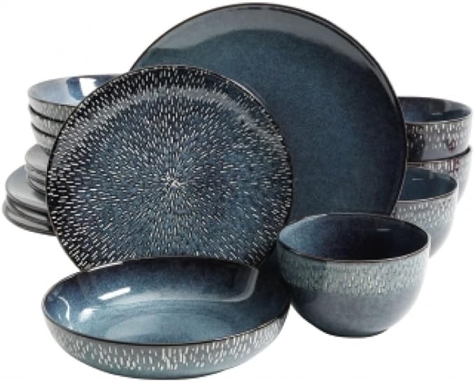 16-Piece Cobalt Blue Stoneware Dinnerware Set – Double Bowl Design with Reactive Glaze Dishwasher &amp Microwave Safe