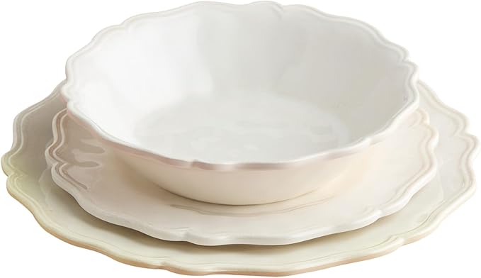 Isabella Cream 12-Piece Melamine Dinnerware Set for 4 – Crackle Glaze Plates &amp Bowls with Scalloped Edges Dishwasher Safe Durable Unbreakable Tableware for Indoor &amp Outdoor Dining