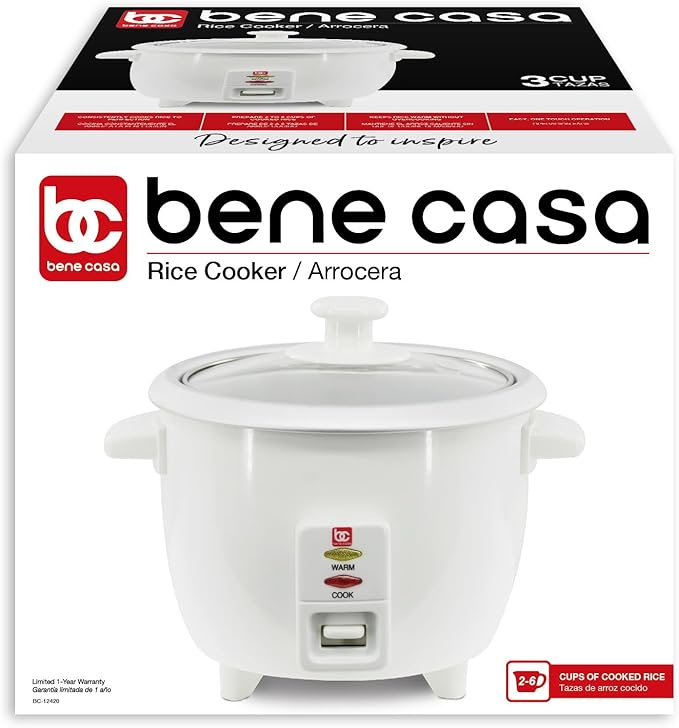 Bene Casa White Rice Cooker 3 Cup (uncooked)/ 6 cup (cooked) Arrocera Blanca Electrica 3 Medidas sin Cocinar 6 Medidas Cocinada.