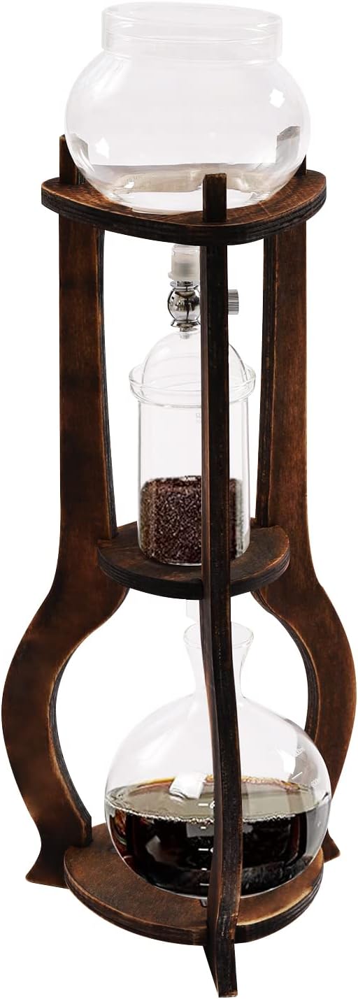6-8 Cup Iced Coffee Cold Brew Drip Tower – 600ml Retro Hand-Blown Glass &amp Wood Coffee Maker 3-5H Quick Extraction with Stainless Steel Filter (Brown)