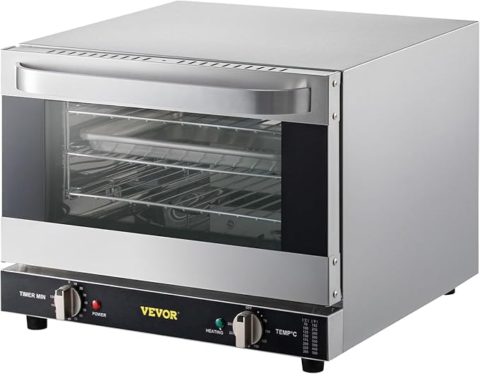 VEVOR Commercial Convection Oven 21L/19Qt Quarter-Size Conventional Oven Countertop 1440W 3-Tier Toaster w/Front Glass Door Electric Baking Oven w/Trays Wire Racks Clip Gloves 120V