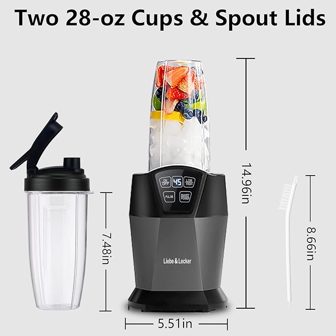 Liebe&ampLecker Smoothie Blender 1200 Peak Watts Blender for Smoothies Blenders with (2) 28-oz To-Go Cups &amp Solid Lid Personal Blenders for Shakes and Smoothies Ice Crushing &amp Frozen Frui