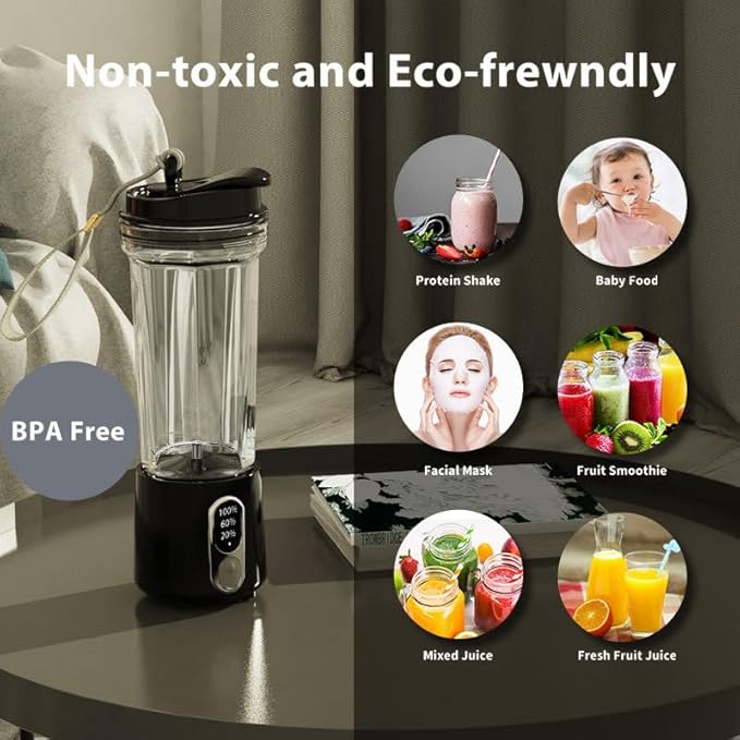 Portable Blender Wireless Rechargeable Juice Cup with 3 Speed Settings Personal Size Smoothie Maker Black