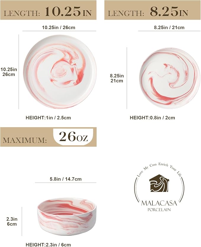 MALACASA Plates and Bowls Sets 12 Pieces Porcelain Dinnerware Sets Dishware Sets Chip Resistant Ceramic Dish Set Dining Dinner Ware Service for 4 Marble Pink Series LUNA