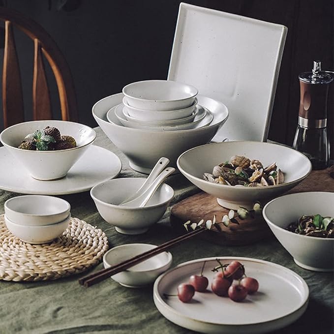 Dinnerware Sets for 6 People Japanese Retro Stoneware Simple Dishware Sets Plate and Bowl Sets 36 Pieces of White Black Spot Porcelain Dinnerware Set