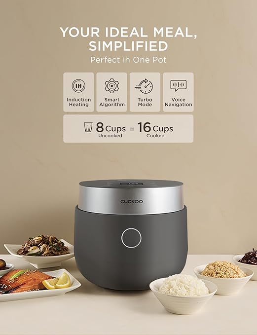 CUCKOO Non-Pressure Rice Cooker 8-Cup Uncooked / 16-Cup Cooked with Induction Heating Technology Versatile Rice Maker with 12 Menu Options and Steam Plate Voice Guide Gray (CR-HA0810FG)