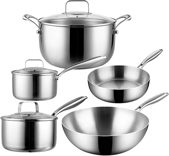 5 Ply Clad Stainless Steel 8-Piece Cookware Set with Lids Frying Pan &amp Soup Pot Wok and Milk Pot No Coating Non-Stick Kitchen Set Even Heating Frying Pans Compatible with All Cooktops5se