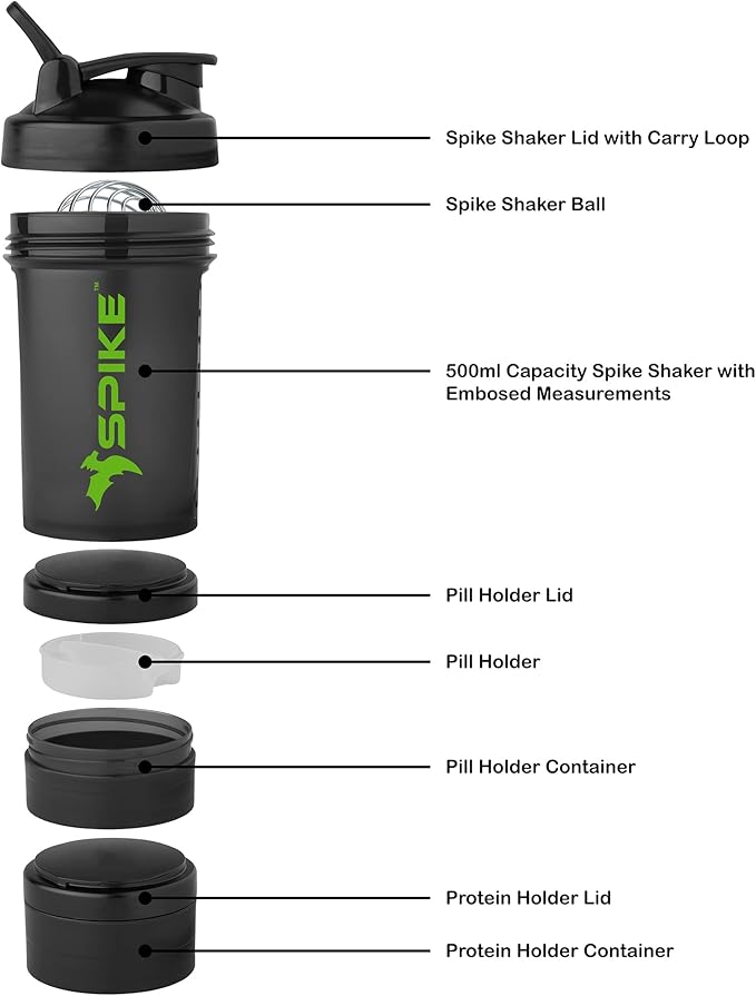 SPIKE Pro Protein Shaker Bottle for Whey Protein Mix Cycling Gym water bottle with Stainless Steel Ball 700ml (Pro Black)