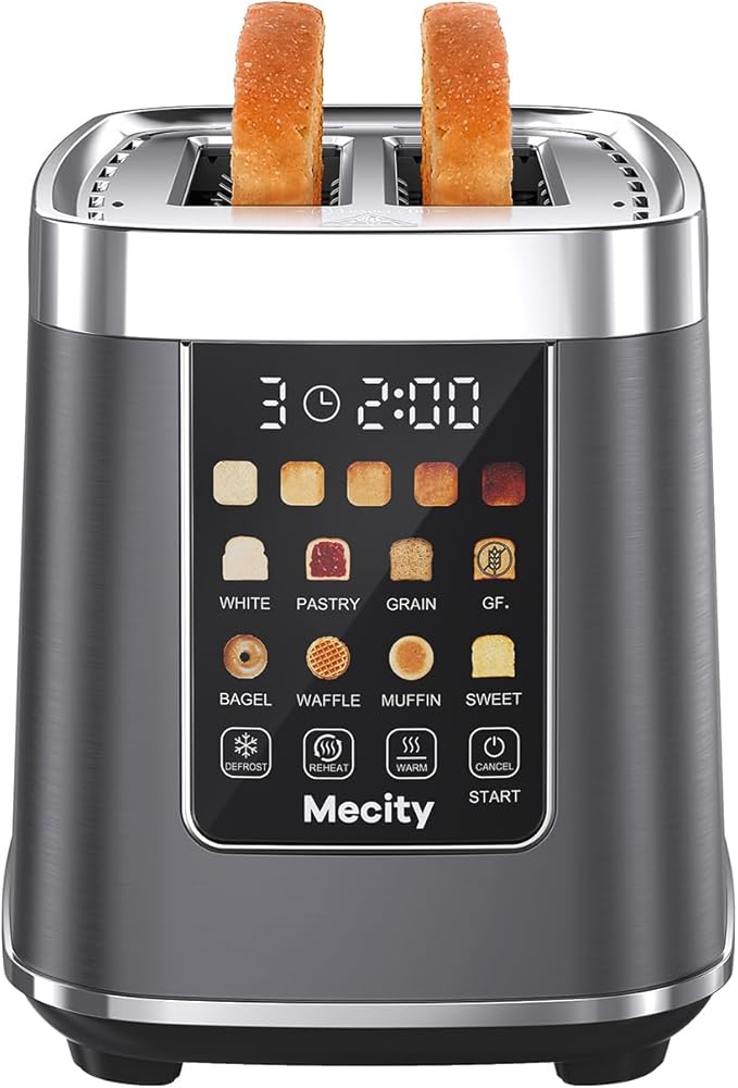 Mecity 2 Slice Toaster with Touch Screen &amp Auto Lift Stainless Steel Cool-Touch Toaster with 8 Bread Settings 5 Shade Levels 1200W High Power Keep Warm &amp Reheat Function Metallic Grey 12