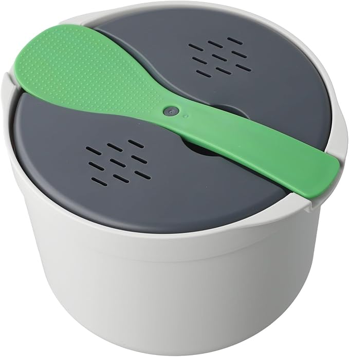 Microwave Rice Cooker Steamer Pot with Strainer 18x18x13cm PP Portable Pasta and Vegetable Steamer for Quick Meals Dishwasher Safe Green