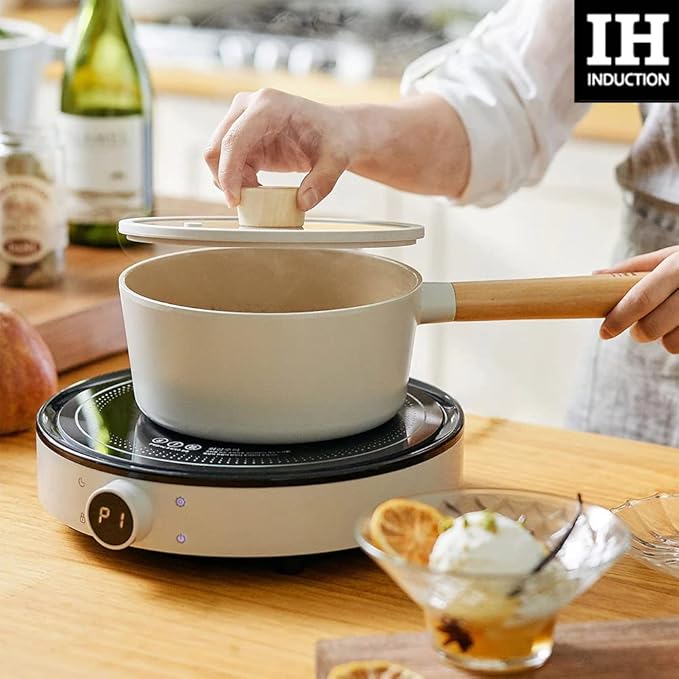 FIKA 5-Piece Nonstick Cookware Pot and Pan Set with Lid Healthy Cooking Ceramic Coated Skillet with Natural Wood Handle Induction Gas Stove Compatible Kitchenware Everyday Cooking Made in Korea
