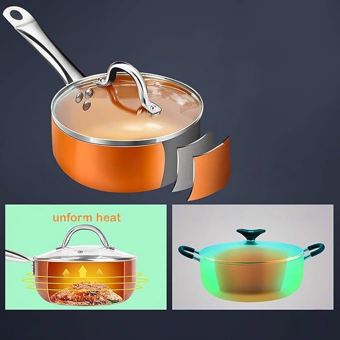 10-Piece Nonstick Cookware Set with Glass Lids Copper Orange Kitchen Pots and Pans Set Stainless Steel Handle Non-Toxic 6 Qt Casserole 8 and 9.5 Inch Skillets Saucepans