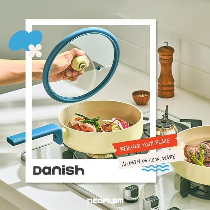 Danish 4-Pieces Forged Cookware Set with Lid Kitchen Nonstick Ceramic Coating Pot Frying Pan Induction Compatible Kitchenware for Soup Noodle Steak Made in Korea (9.5 Pan 8 Casserole)