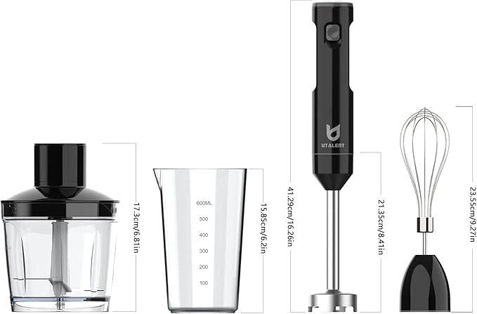 Cordless Hand Blender UTALENT Variable Speed Immersion Blender Rechargeable with 500ml Chopper 600ml container Egg Whisk for Smoothies Baby Food and Soups – Black
