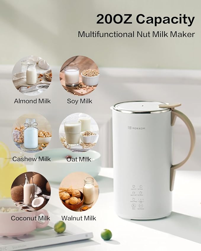 MOKKOM Nut Milk Maker 20 oz Soy Milk Maker for Homemade Plant-Based Milk Oats Soy Dairy Free Beverages Automatic Almond Milk Machine with Delay Start/Keep Warm/Self-Clean/Boiling Pearl White