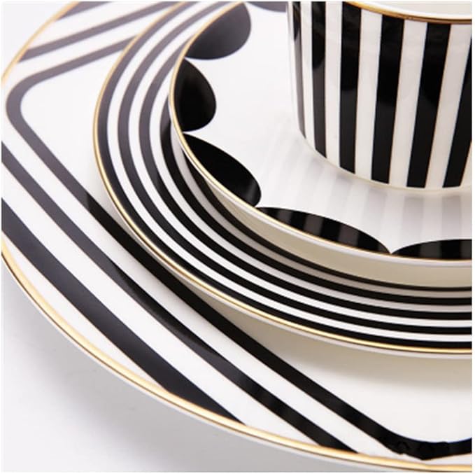 8-Piece Dinnerware Set Service for 2 Black and White Striped Geometric Series Include 2 Dishs 2 Salad Plates 2 Mugs and Saucers