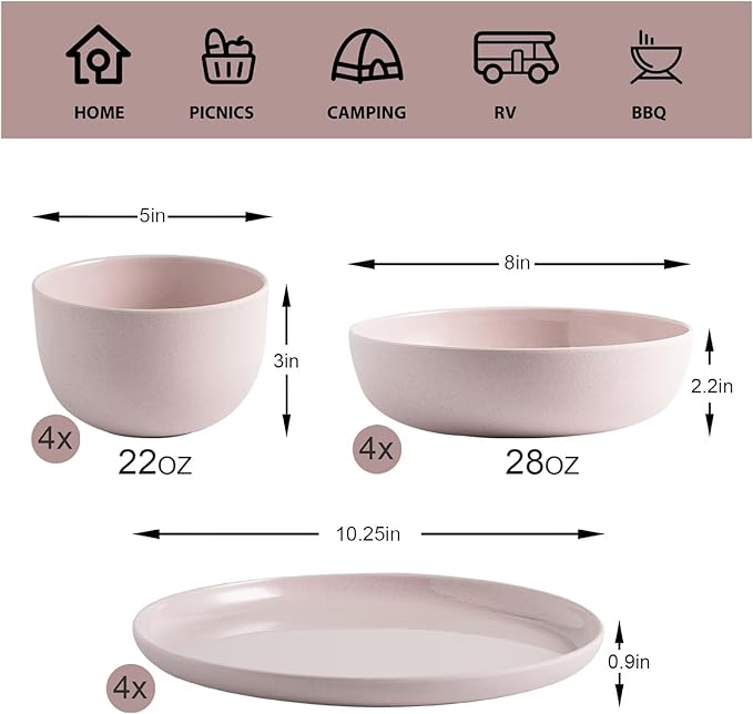 MissYIP 12 Pcs Wheat Straw Dinnerware Sets Unbreakable Reusable Kitchen Dinnerware Set Outdoor Camping Dishes BAP free Dishwasher SafeNot oven-safe or microwavable(Shell Pink)