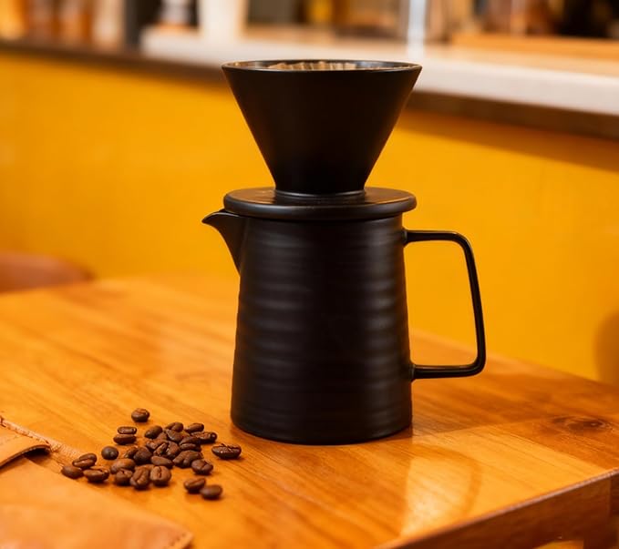 BeeCa Premium Black Ceramic Pour Over Coffee Maker Set 17oz/500ml V60 Brewer Retains Optimal Heat &amp Flavor Includes Paper Filters Home Office Cafe Multi-Serving