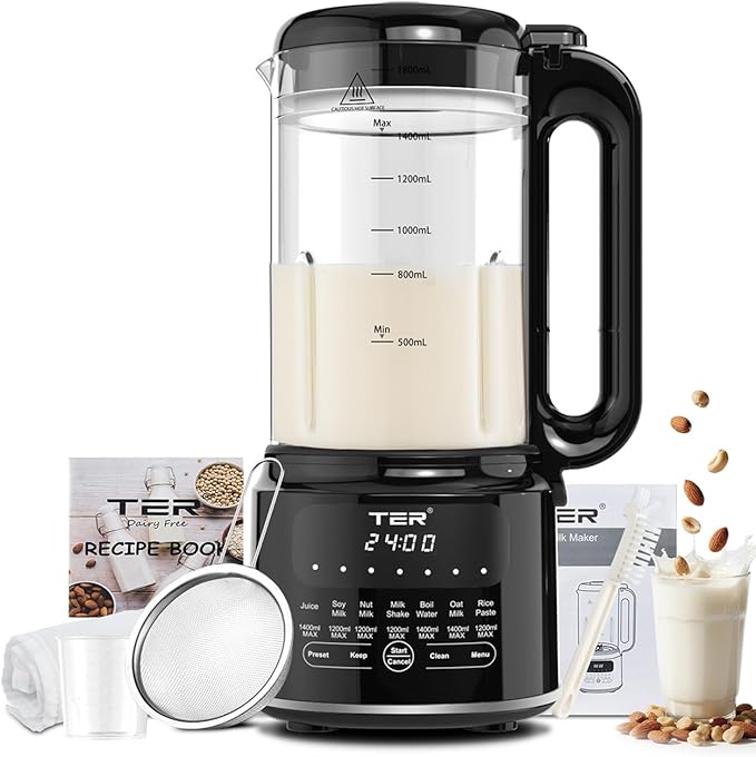50OZ Nut Milk Maker Machine TER 10-in-1 Soy Milk Maker for Almond/Oat/Soy Milk Juice Milkshake Rice Paste Auto Clean/24H Preset Time/12H Keep Warm with 7 Accessories Black