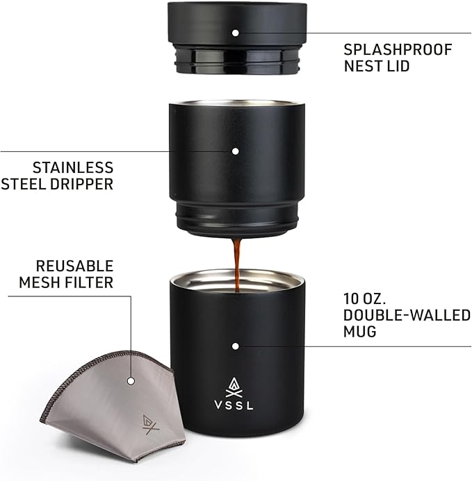 VSSL - Nest Pour Over Coffee Set | Coffee Maker for Camping | All-In-One Travel Pour Over | Transportable Dripper 10oz Stainless Steel Travel Mug | Compact Storage &amp Adventure Ready | Black