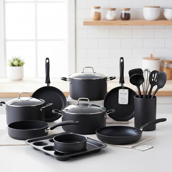 NutriChef Nonstick Cookware Set 20-Piece Premium Kitchen Cookware Set with Pots Pans Bakeware &amp Utensils Non Stick Pots and Pans Compatible with Gas Electric Ceramic &amp Induction Cooktops