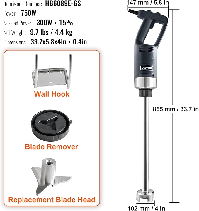 VEVOR Commercial Immersion Blender 750W 20 Heavy Duty Hand Mixer Variable Speed Kitchen Stick Mixer with 304 Stainless Steel Blade Multi-Purpose Portable Mixer for Soup Smoothie Puree Baby Food