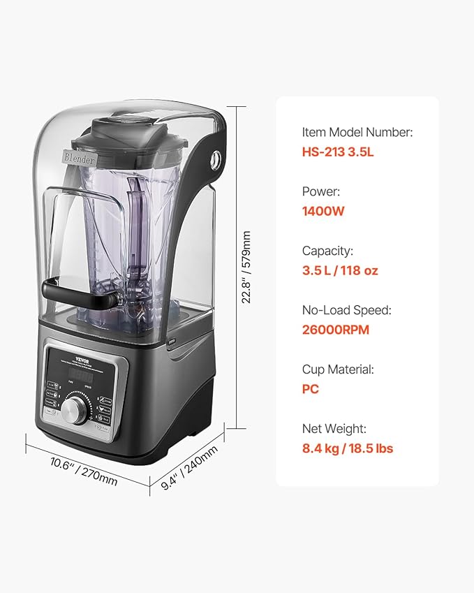 VEVOR Professional Blender for Smoothies 118 oz 1400W with Powerful Motor Multi-Functional Food Processing Blender with Noise Cover for Smoothie/Milkshake/Juice Fits for Kitchen