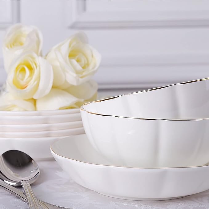 Dinner Set Porcelain Bone China Dinnerware Kitchen Dinning White Round Tableware Combination Set with Cereal Bowls Soup Plates (25 Pieces Service for 6 People)