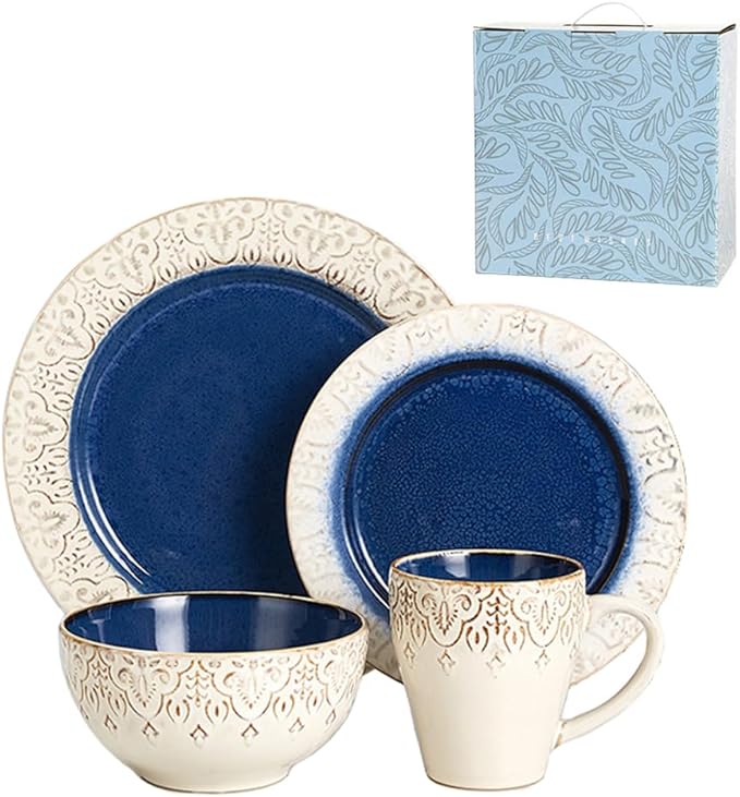 Stoneware Dinnerware Set of 4 4 Pieces Ceramic Dinner Plates Bowl Mug for Kitchen – Unique Gift Idea Scratch Resistant Dishes Dishwasher &amp Microwave Safe (Coral Sea)