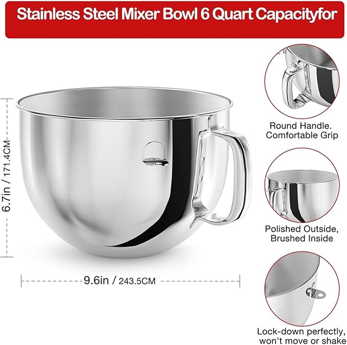 6QT Stainless Steel Mixer BowlCompatibility For Kitchenaid Stand MixersMixing For Tilt-Head With Handle