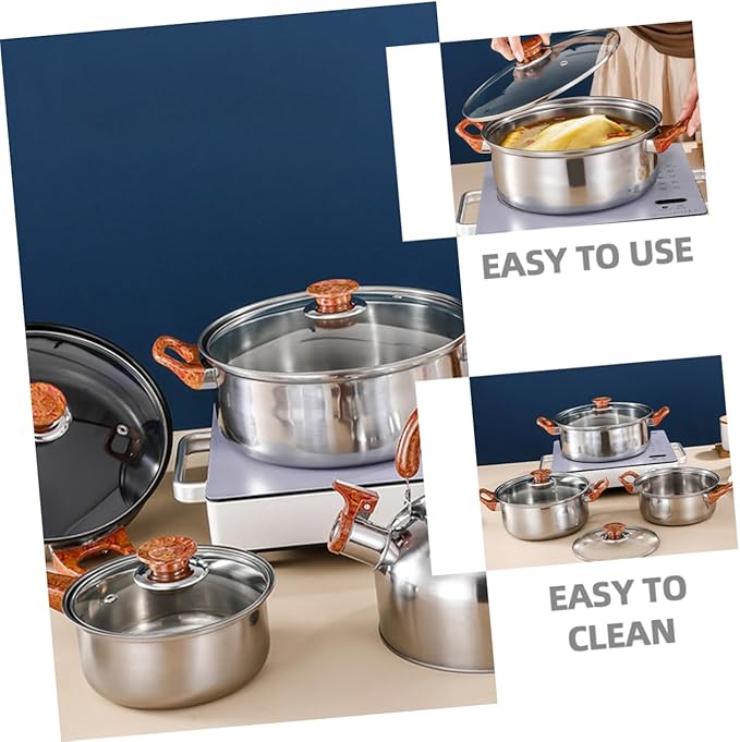 Cookware Set Stainless Steel Pots and Pans Set Frying Pan Soup Pot Milk Noodles Soup Heat Conductive Portable Non-slip Handles Family