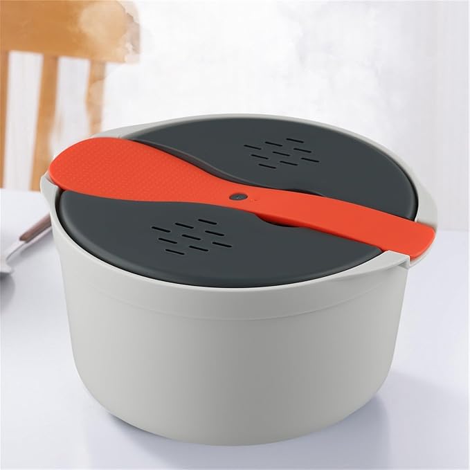 Microwave Rice Cooker Steamer 18x18x13cm Portable Multifunction Lunch Box for Rice Pasta Vegetables Soup Dishwasher Safe White+Grey+Orange