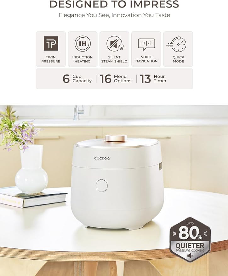 CUCKOO Twin Pressure Rice Cooker 6-Cup Uncooked / 12-Cup Cooked with Induction Heating Technology Silent Pressure System Open Cooking Mode Dynamic Display Eco Inner Pot White (CRP-OHTR0609FW)