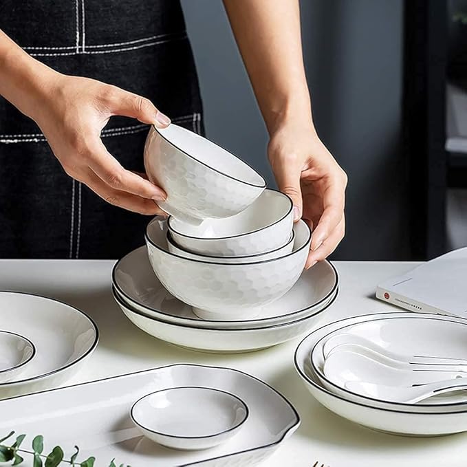 Dinnerware Set Dinnerware Sets 42 Pieces Black Line Stroke Porcelain Dinnerware Combination Set | Bump Texture Plates And Cereals Bowls Sets