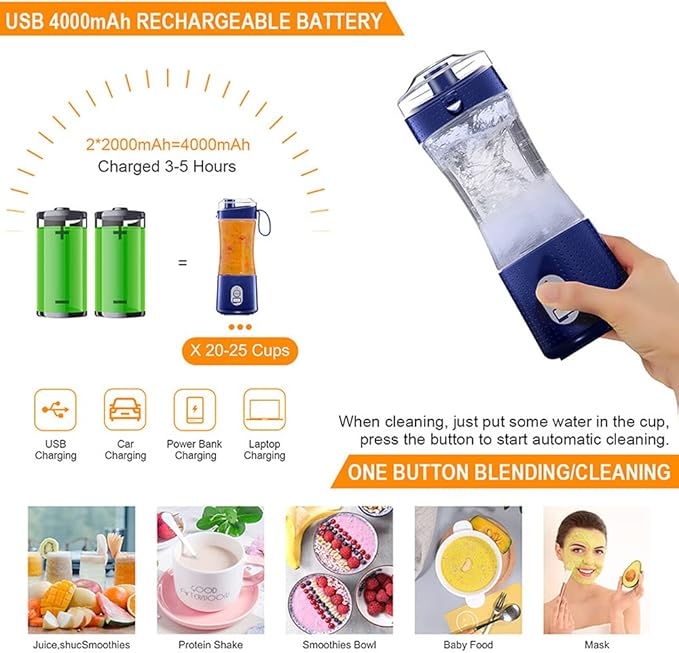 Portable Blender for Shakes and Smoothies Size Single Serve Travel Fruit Juicer Mixer Cup with Reable 4000mAh USB Reable Battery Small Electric Individual Mini Blender for Juice