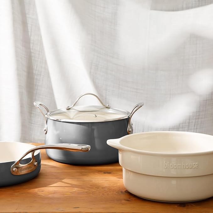Bloomhouse 12 Piece Aluminum Pots and Pans Cookware Set w/Non-toxic Ceramic Non-stick Ceramic Steamer Insert &amp 12 Protective Care Bags - Stone Grey